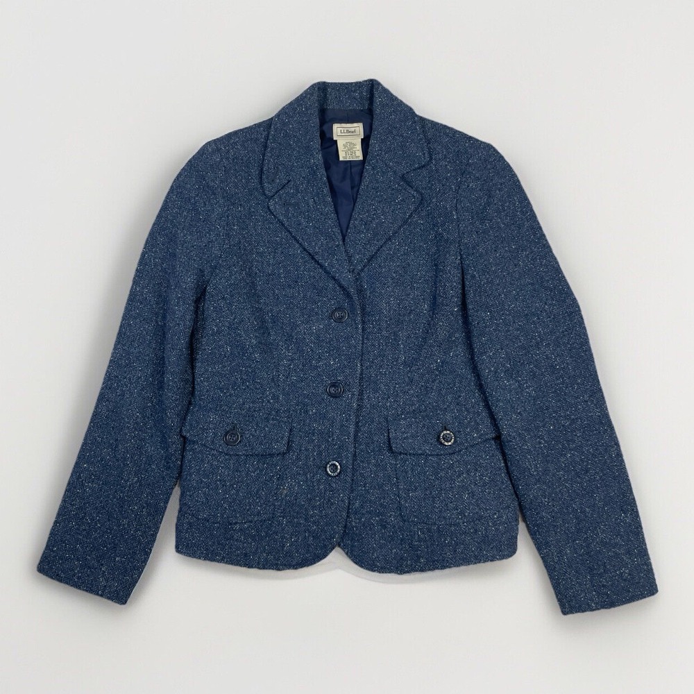 VTG LL Bean Women's Wool Silk Blazer Academia Equestrian Jacket Flecked Blue XS